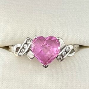 10k White Gold Genuine Pink Sapphire & Natural Diamond Heart Ring - Size 8.5